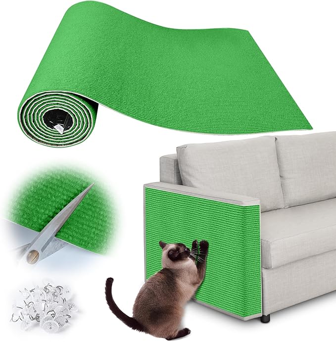 Cat Scratch Furniture Protector - 100" x 17" Trimmable Self-Adhesive Cats Claws Scratch Pads, DIY Cat Climbing Couch Protector for Scratch Post Cat Tree Replacement Indoor (Green)