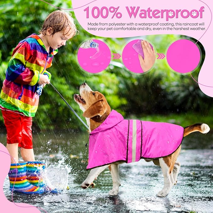 Weesiber Dog Raincoat, Waterproof Dog Rain Jacket with Leash Hole, Lightweight Reflective Pet Rain Coat for Walking (XL, Pink)