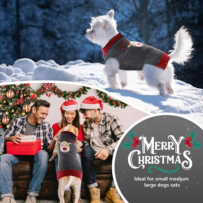 PETCARE Reindeer Christmas Dog Sweater Gray Cat Sweater Vest Cartoon Elk Pet Holiday Dog Clothes Puppy Sweaters for Small Medium Large Dogs Cats Fall Winter Outfits Xmas Dogs Costume,XX-Large