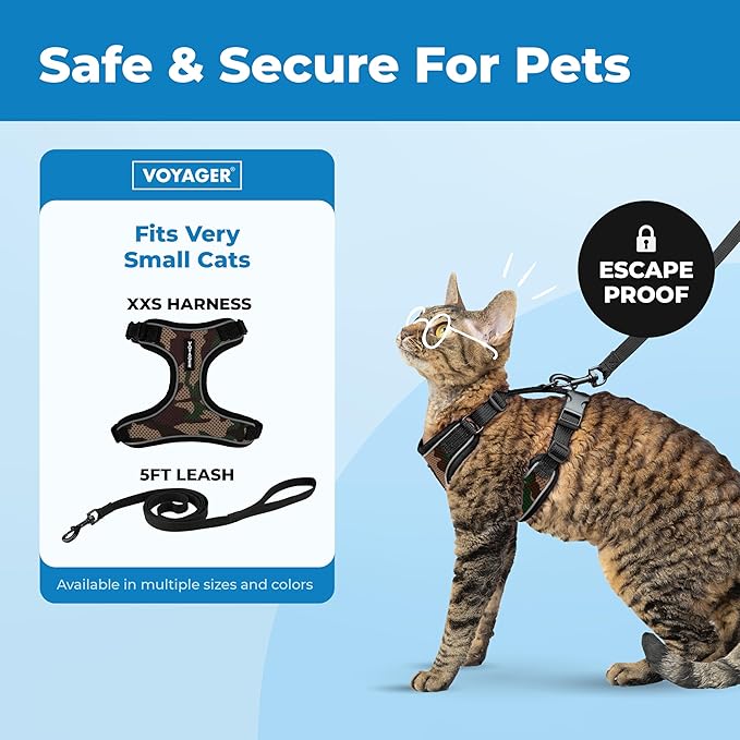 Voyager Escape Proof Cat Harness and Leash Set with Reflective Stitching, Neoprene Handle 5ft - Supports Small, Medium and Large Cats, Kittens for Walking by Best Pet Supplies - Army, XXS