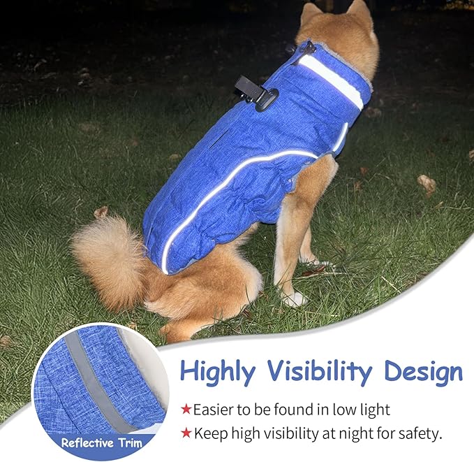Malier Dog Coat, Reflective Dog Jacket Waterproof Windproof Puppy Cold Weather Coats with Harness Built in, Winter Extra Warm Pet Coat Fleece Vest for Small Large Pets and Puppy (Blue, XXX-Large)