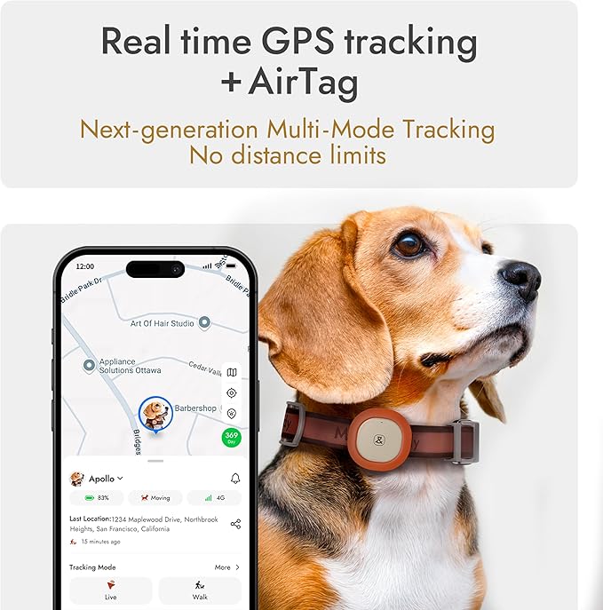 Molly&Cody GPS + Bluetooth Pet Tracker for Cats & Dogs – Real‑Time Tracking, Virtual Fence, IP67 Waterproof, Up to 60‑Day Battery, Health Monitoring, iOS/Android – 3‑Month Subscription Included(White)