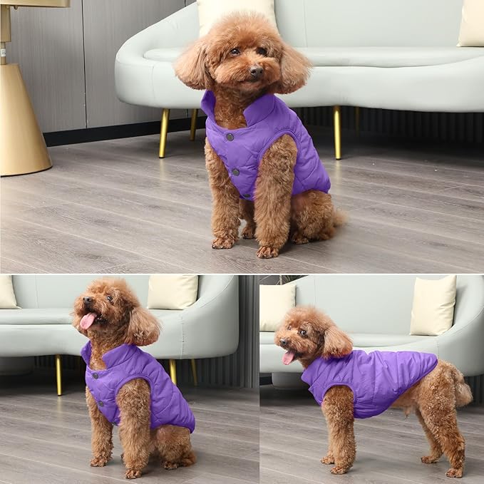 2 Layers Fleece Lined Warm Dog Jacket for Puppy Winter Cold Weather,Soft Windproof Small Dog Coat,Purple XS
