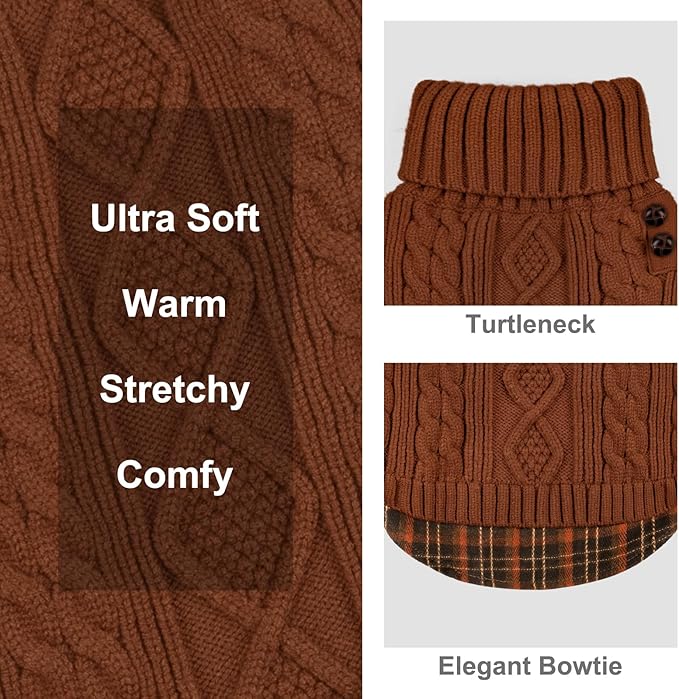 KYEESE Dog Sweater Comfy Pet Coat for Fall Winter Cold Weather Stretchy Knitwear Cat Clothes Soft Pullover Dog Sweaters for Small Dogs Male Warm Turtleneck Small Dogs Sweater with Gingham Patchwork