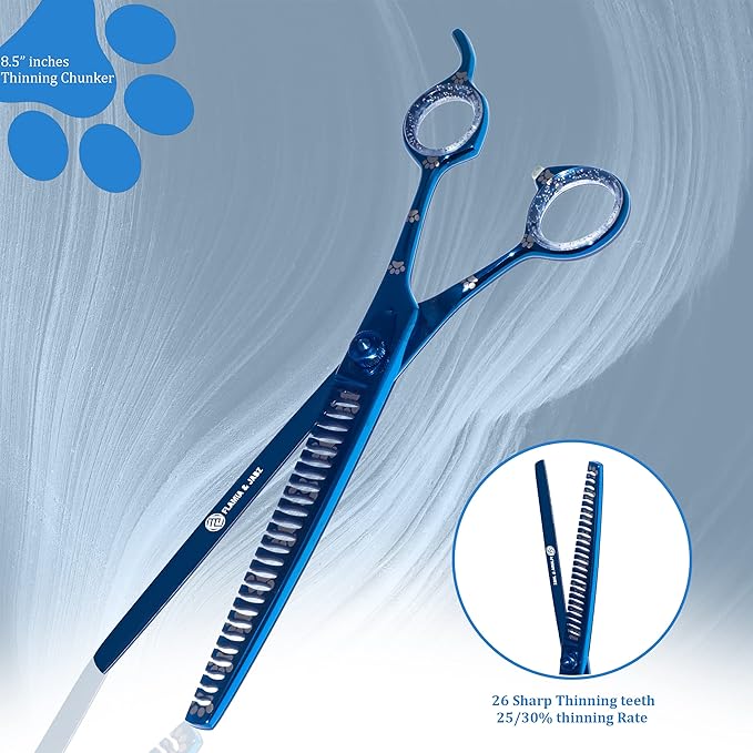 Professional Dog Grooming Scissors Set of Straight, Curved, Thinner/Blender and Chunker Shears with Paw Prints for Dogs, Cats & Pets (Right Handed, Blue, Stainless Steel 8 Inch)