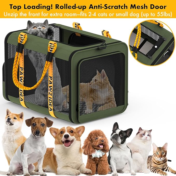 PAWZIDEA Large Pet Carrier Expandable, 24"×16"×16" Soft-Sided Cat Carrier for 2–4 Cats up 55lb, Portable & Collapsible Small Medium Dog Travel Crate for Car, XL Storage Pocket, ID Card, Shoulder Strap