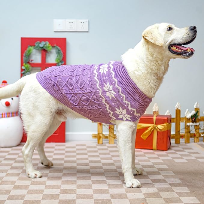 Warm Winter Pink Dog Sweater - Cold Weather Pet Clothes for Small Medium Large Dogs Indoor Outdoor, Soft Classic Knit Puppy Apparel Coat, Purple, ML