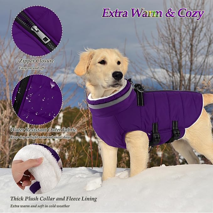 Dogcheer Dog Coat with Harness, Waterproof Dog Jacket Adjustable Pet Winter Coat with Zipper, Christmas Puppy Snow Jacket Fleece Sweater for Small Medium Large Dogs - Purple M