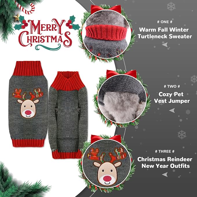 PETCARE Reindeer Christmas Dog Sweater Gray Cat Sweater Vest Cartoon Elk Pet Holiday Dog Clothes Puppy Sweaters for Small Medium Large Dogs Cats Fall Winter Outfits Xmas Dogs Costume,X-Large