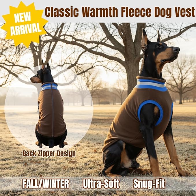 Winter Warm Turtleneck Fleece Vest Dog Sweater, Ultra-Soft & Snug-Fit Puppy Coat for Large Dogs with Back-Zipper, Thermal Doggie Vests Sweatshirt with Reflective Strip, Pet Clothes Male Girl(Brown, L)