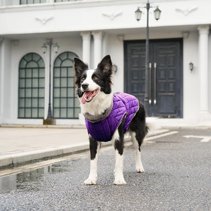 Warm Fleece Dog Coats with Durable Harness Buitl in D-Ring,Waterproof Doggie Jacket for Medium Dogs,Dog Vest for Cold Winter,Purple XL