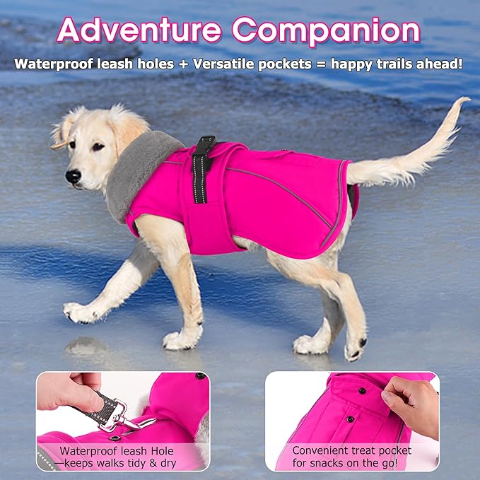 Dogcheer Dog Coat with Pocket, Waterproof Dog Jacket with Adjustable Buckle, Reflective Puppy Winter Coat Warm Turtleneck Fleece SnowJacket for Small Medium Large Dogs - Pink 3XL