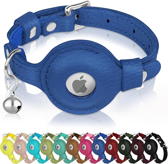 OOPSDOGGY Cat Collar for AirTag Holder, Leather Kitten Collars with Elastic Strap & Bell, Non Breakaway Adjustable Small Pet Collars for Indoor & Outdoor for Boy, Girl (Blue)