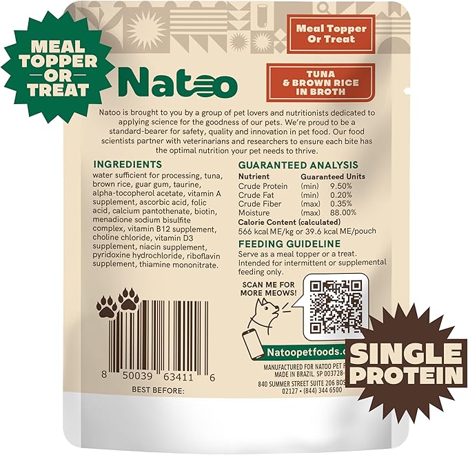 NATOO Cat Food Topper for Picky Eaters, Healthy Soft Kitty Treat (Tuna & Brown Rice in Broth), Wet Cat Meal with Gravy, High Protein, Limited Ingredient Adult & Kitten Food, 2.4 oz (Case of 20)