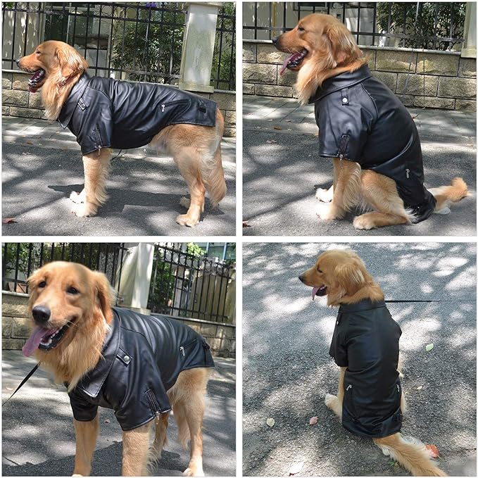 Lovelonglong Cool Dog Leather Jacket, Warm Coats Dogs Windproof Cold Weather Coats for Large Medium Small Dogs, Labrador Golden Retriever Clothing Black L-L