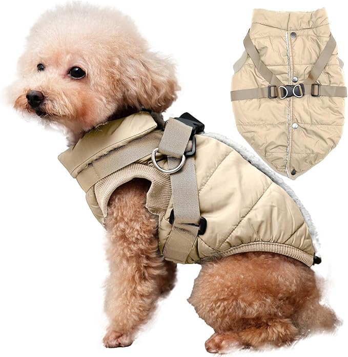 Dog Jacket with Harness,Fleece Lined Warm Puppy Coat for Winter,Soft Windproof Large Dog Vest,Khaki XXL