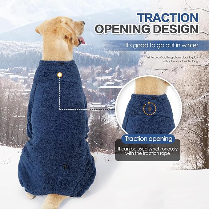 Dog Winter Coat, Warm Fleece Dog Jacket, Windproof Pullover Jumpsuit, Full Body Pajamas Onesie, Cold Weather Clothes for Medium Large Dog(Small,NavyBlue)