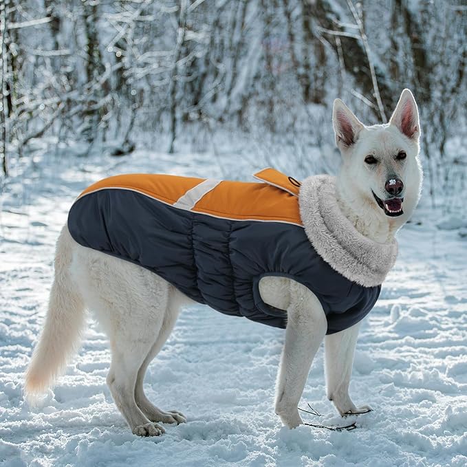 Queenmore Warm Fleece Dog Jacket, Cold Weather Waterproof Dog Snow Jacket with Leash Hole, Reflective Turtleneck Dog Snow Jacket Snowsuit, Dog Warm Coat for Small Medium& Large Dogs(Brown,2XL)