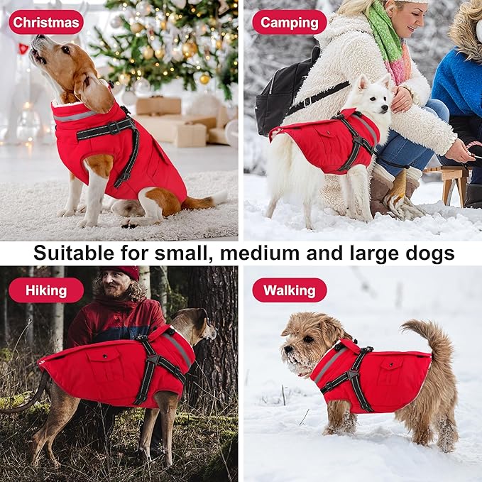 Dogcheer Dog Coat with Harness, Waterproof Warm Dog Winter Jacket with Pockets, Reflective Pet Fleece Jacket Turtleneck Snowsuit for Small Medium Large Dogs - Red, 3XL