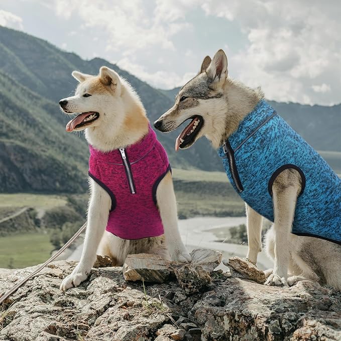 ROZKITCH Dog Sweater for Large, Warm Winter Jacket with Fleece Lining, Knit Vest with Zipper Opening for Harness, Adjustable Neck Reflective Pet Jacket Outdoor Walking Blue XL
