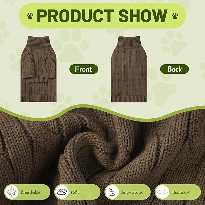 Small Dog Thermal Pullover Sweater, Classic Turtleneck Cable Knitwear Dog Clothes for Cold Weather Warm Pet Clothes for Chihuahua, Bulldog, Dachshund, Pug Tan Small