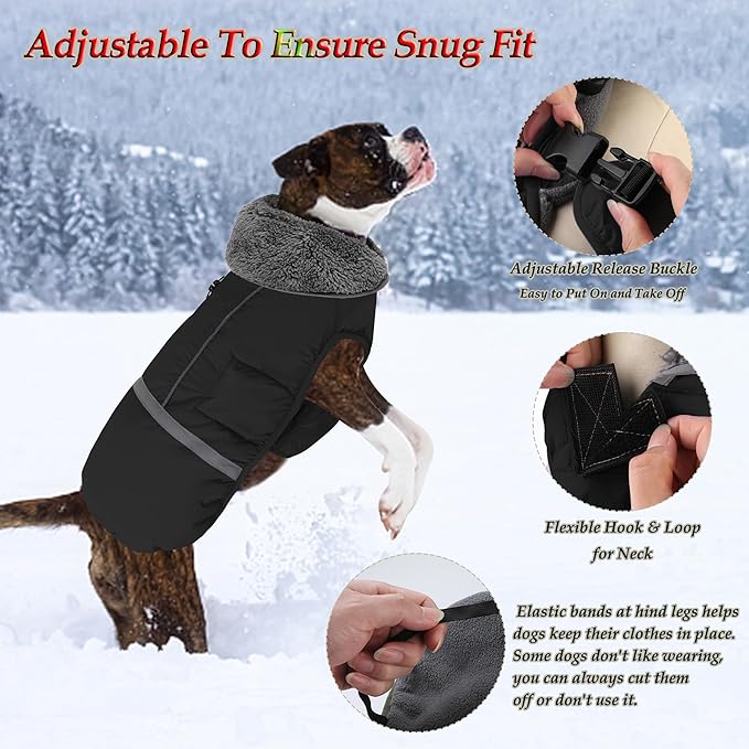 Dogcheer Warm Dog Coat, Waterproof Dog Jacket Christmas Puppy Winter Coat with Buckle, Reflective Adjustable Pet Snow Jacket Turtleneck Fleece Sweater for Small Medium Large Dogs - Black, XL