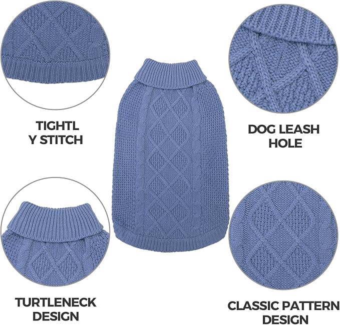 Mihachi Turtleneck Dog Sweater - Winter Coat Apparel Classic Cable Knit Clothes with Leash Hole for Cold Weather, Ideal Gift for Pet in New Year Grayish Blue M