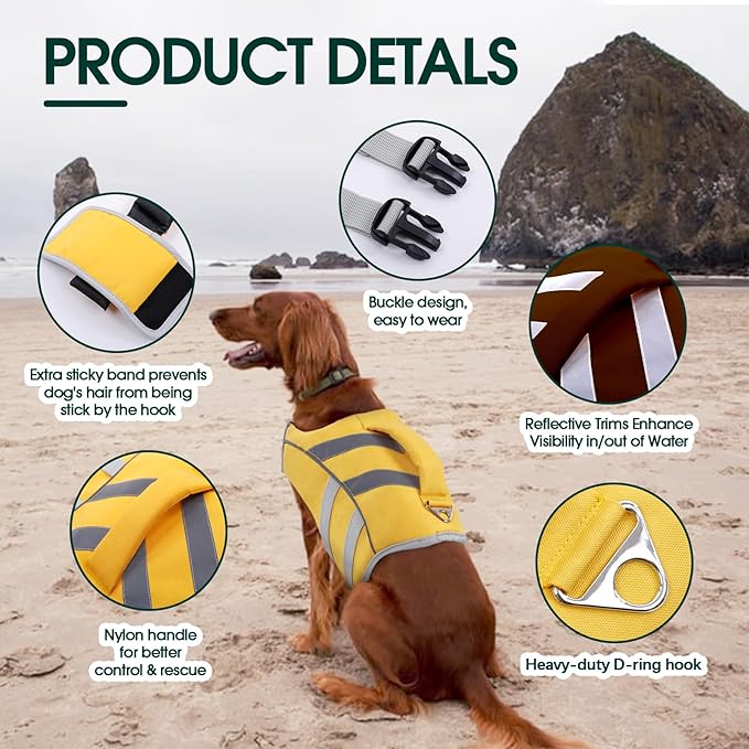 Kuoser Dog Life Jacket with Reflective Stripes - Adjustable High Visibility Vest, Ripstop Lifesaver, Pet Preserver with High Flotation Swimsuit for Small, Medium and Large Dogs