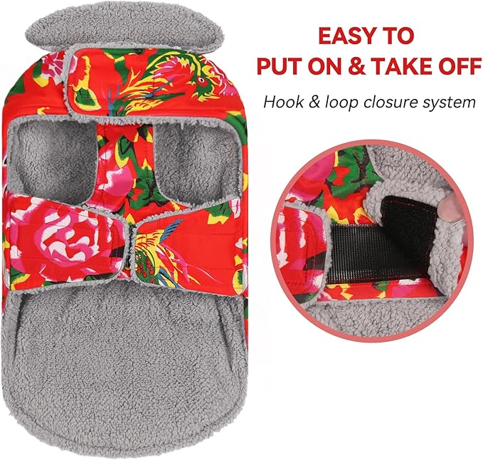 VIVAGLORY Frostfit Dog Coat, Dog Jacket for Winter & Cold Weather, Warm Fluffy Fleece Lined Water Resistant Reflective for Puppy, Coat with Velcro Fastening & Leash Hole, L, Northeast Florals-Red
