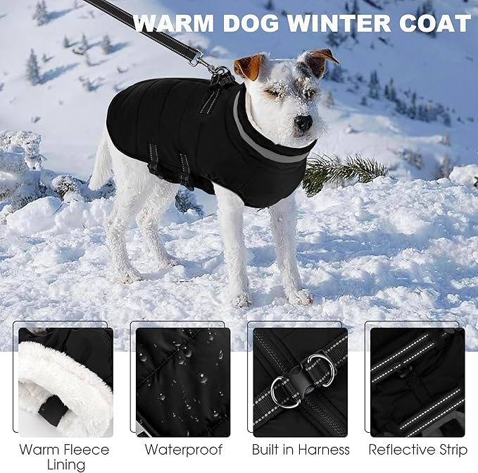 Small Dog Coat with Harness Built-in, Waterproof Reflective Fleece Lined - Warm Windproof Winter Jacket with Back Zipper, Cold Weather Snow Dog Coats - Black - S
