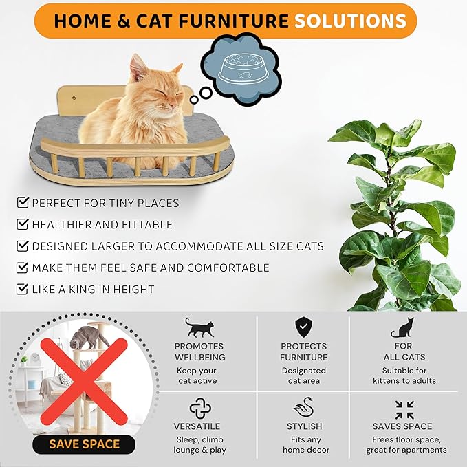 Cat Wall Shelves with 3 Steps – Modern Mounted Cat Wall Furniture & Shelf, Premium Hardwood Cat Bed for Climbing, Sleeping & Lounging, Indoor Hammock for Large Cats
