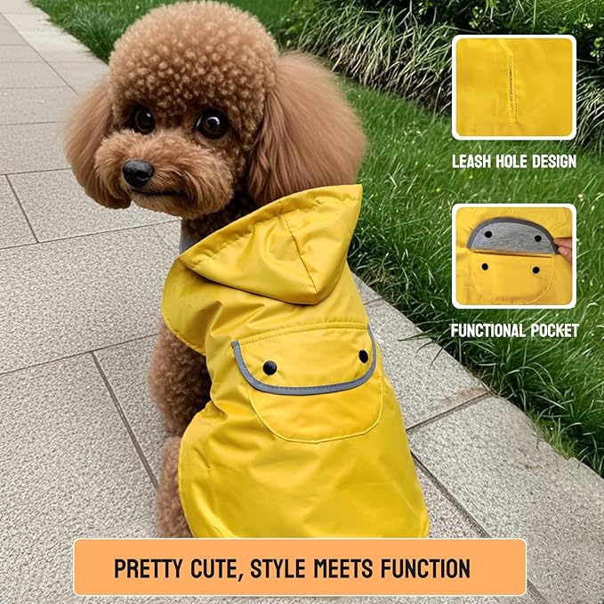 Dog Raincoat Dogs Rain Jacket Reflective Poncho Rainwear Waterproof Pet Clothes Warm Lined Pocket Hooded Leash Hole Adjustable for Puppy Small Dogs,Yellow,M,Back Length 10.0 Inch