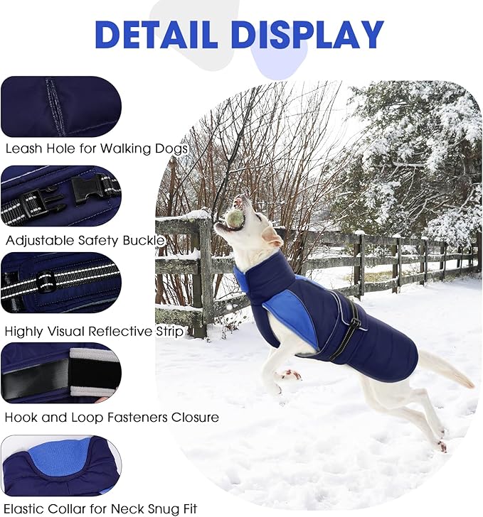 Nanaki Warm Fleece Lined Winter Coat Jacket Vest for Dogs, Waterproof Reflective Dog Snowsuit with Leash Hole, Furry Collar Medium Puppy Coat for Outdoor Walking Hunting, Easy On Pet Snowsuit Blue XL