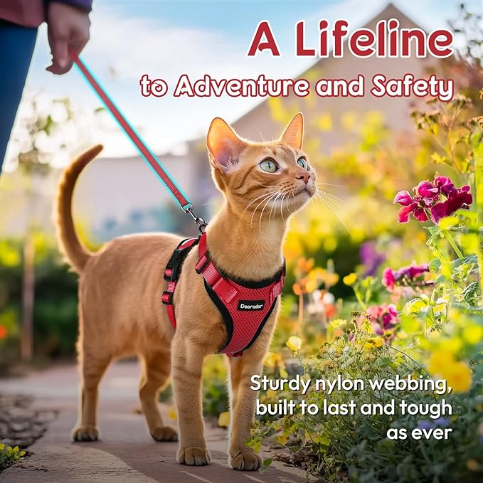 Dooradar Cat Harness and Leash Set, Escape Proof Safe Adjustable Kitten Vest Harnesses for Walking, Easy Control Soft Breathable Mesh Jacket with Reflective Strips for Cats, Red, XS