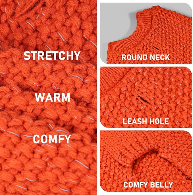 KYEESE Dog Sweater with Leash Hole for Small Dogs Male Warm Pullover with Reflective Thread Soft Knitwear Boy Dog Clothes Cozy Lightweight Thick Sweater Pet Indoor Outdoor Wear,Orange,X-Small