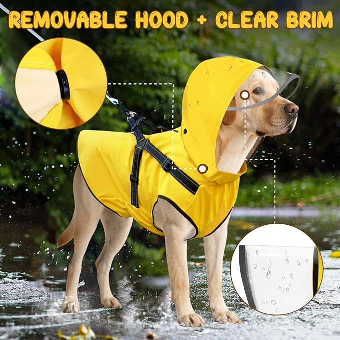 Dog Raincoat: Dog Rain Jacket with Reflective Harness & Removable Hood | Waterproof Dogs Rain Coat Poncho for Large Medium Small Dogs Puppies (Yellow - XL)