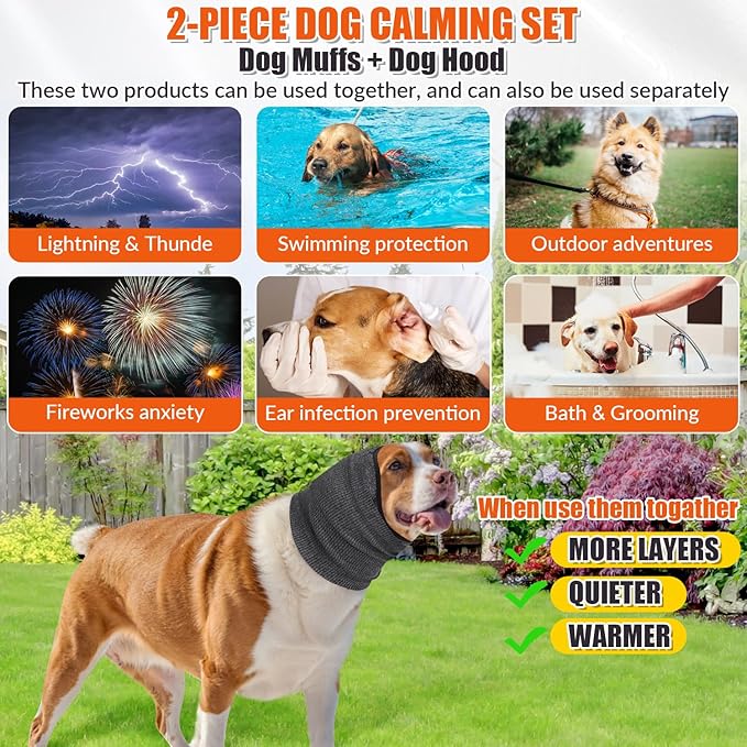 SlowTon Quiet Ears Dog Hoodie - 2 Pcs Ear Wrap Dog Ear Muffs Noise Protection, Anxiety Relief Dogs Hat Calming Hood Head Cover, Pet Headband Dogs Ear Protector for Grooming, Force Drying (Grey,M)