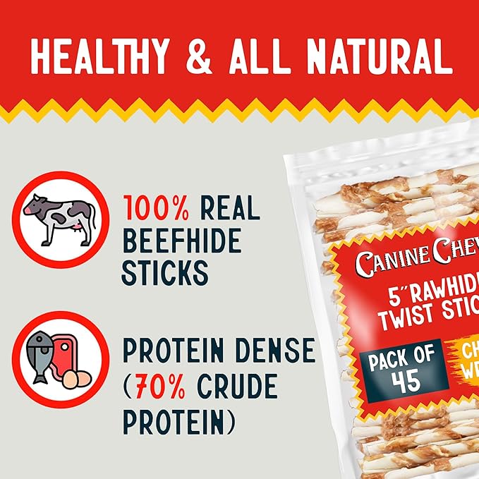Canine Chews Chicken-Wrapped Rawhide Twists for Dogs - Pack of 90 U.S.A. Sourced Chicken Wrapped Rawhide Dog Treats, Sticks for Dogs - Premium & Natural Beefhide Chews