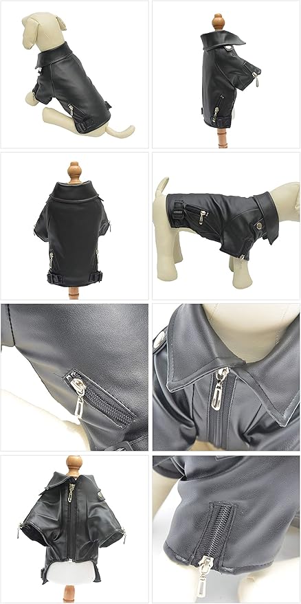 Lovelonglong Cool Dog Leather Jacket, Warm Coats Dogs Windproof Cold Weather Coats for Pugs Bulldog Pitbull Black B-S
