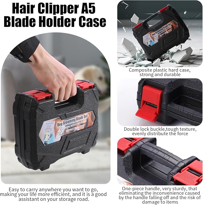 4 Pack Detachable Dog Grooming Steel Blades with Blade case Holder,Compatible with Andis,Oster A5,Wahl KM-10 Series,Cutting Length 1/16" to 3/8"(10+7FC+5FC+4FC-Black)