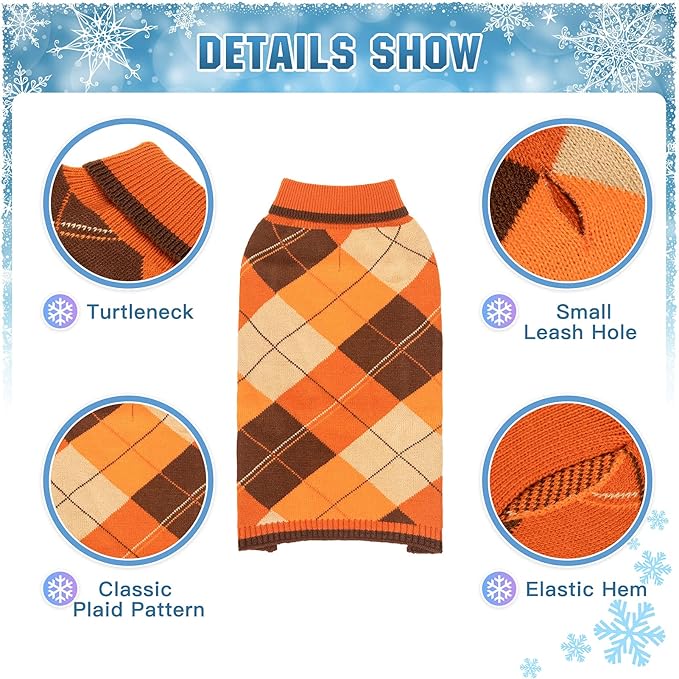 KOOLTAIL Fall Dog Sweater Pet Knitted Clothes - Classic Plaid Pullover Turtleneck Thanksgiving Dog Sweaters with Leash Hole, Thick Cold Weather Pet Outfits for Small Medium Large Dogs Cats Puppy L