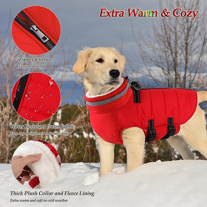 Dogcheer Dog Coat with Harness, Waterproof Dog Jacket Adjustable Pet Winter Coat with Zipper, Christmas Puppy Snow Jacket Fleece Sweater for Small Medium Large Dogs - Red XS
