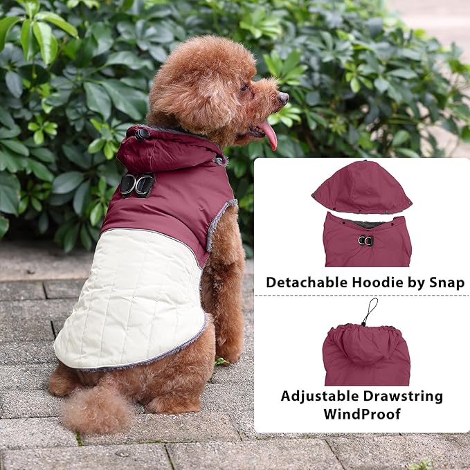 Detachable Hooded Dog Coat with Harness for Small Dogs,Super Warm Fleece Puppy Jacket for Cold Winter Doggie Coats,Red S