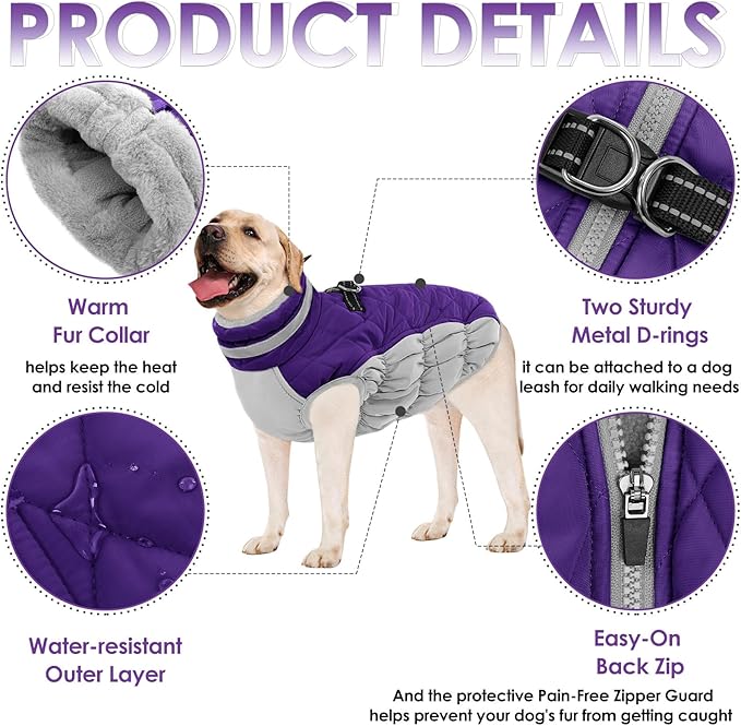 AOFITEE Dog Coat, Warm Dog Winter Coat, Reflective Turtleneck Large Dogs Jacket with Harness Built in, Turtleneck Pet Winter Jacket, Waterproof Pet Snow Jackets Fleece Vest, Purple XL