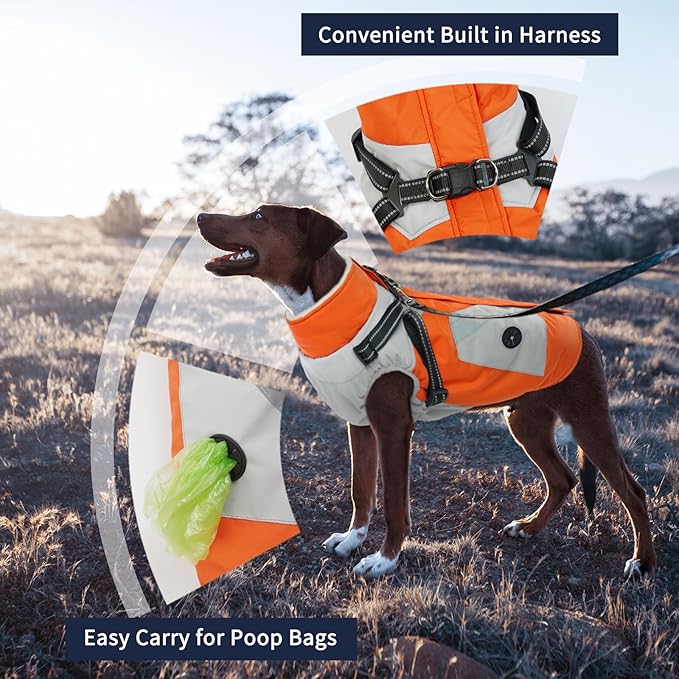 IECOii Large Dog Coat with Harness Built in,Reflective Waterproof Dog Coat for Giant Breeds - Zip Up Fleece Jacket for Dogs,Great Dane Winter Coats Warm Snowsuit for Cold Weather, Orange, 4XL