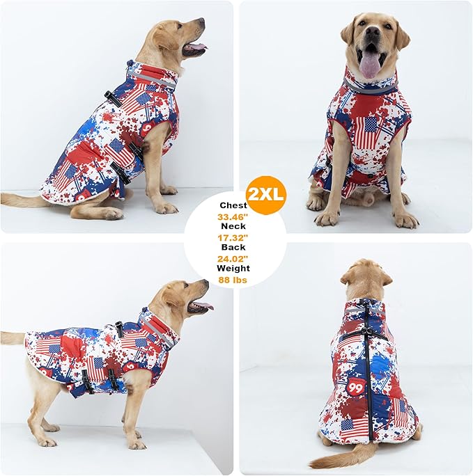Large Dog Coat with Harness Built-in, Waterproof Reflective Fleece Lined - Warm Windproof Winter Jacket with Back Zipper, Cold Weather Snow Dog Coats - Flag - 3XL