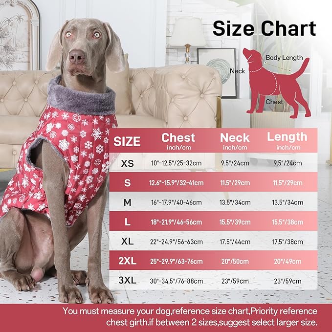 Warm Fleece Dog Coats with Durable Harness Buitl in D-Ring,Waterproof Puppy Jacket for Small Dogs,Dog Vest for Cold Winter,Red,Snow Pattern XS