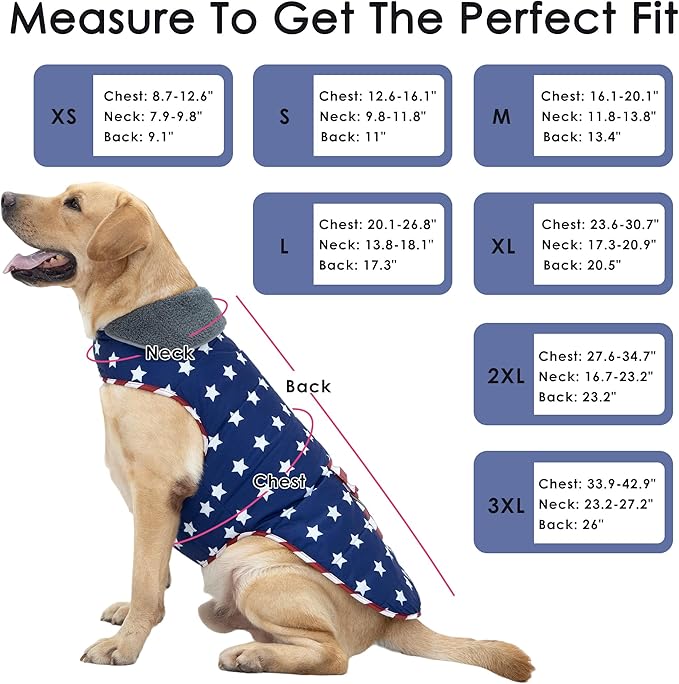 Dog Coat, Waterproof Dog Winter Jacket with Pocket, Reflective Adjustable Pet Snow Vest, Warm Cozy Fleece Sweater for Small Medium Extra Large Dogs - American Flag, M