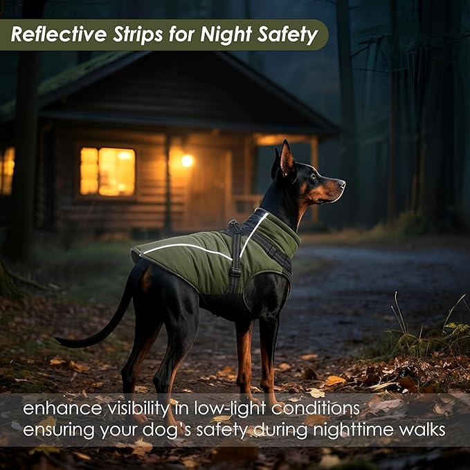 ASENKU Reflective Dog Coat with Built-in Harness, Windproof Fleece-Lined Dog Jacket for Small, Medium, Large Dogs, Warm Winter Vest with Turtleneck & Zipper (Green XL)