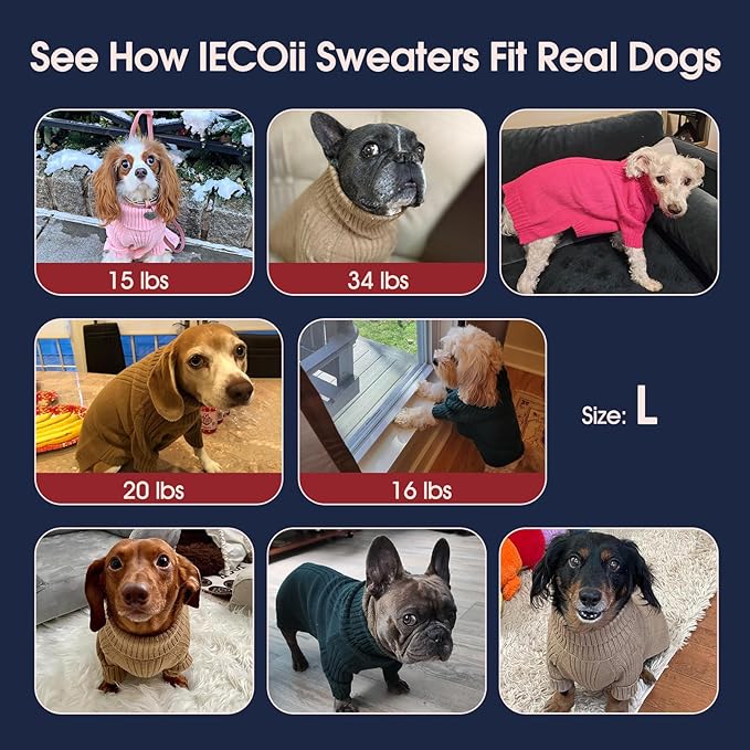 IECOii Dog Sweaters For Medium Dogs Girl Boy,Holiday Knit Doggy Sweatshirt with Sleeve,Turtleneck Thick Warm Dog Sweaters for Winter,Pullover Knitwear for French Bulldog,Boston Terrier (Grass green,L)
